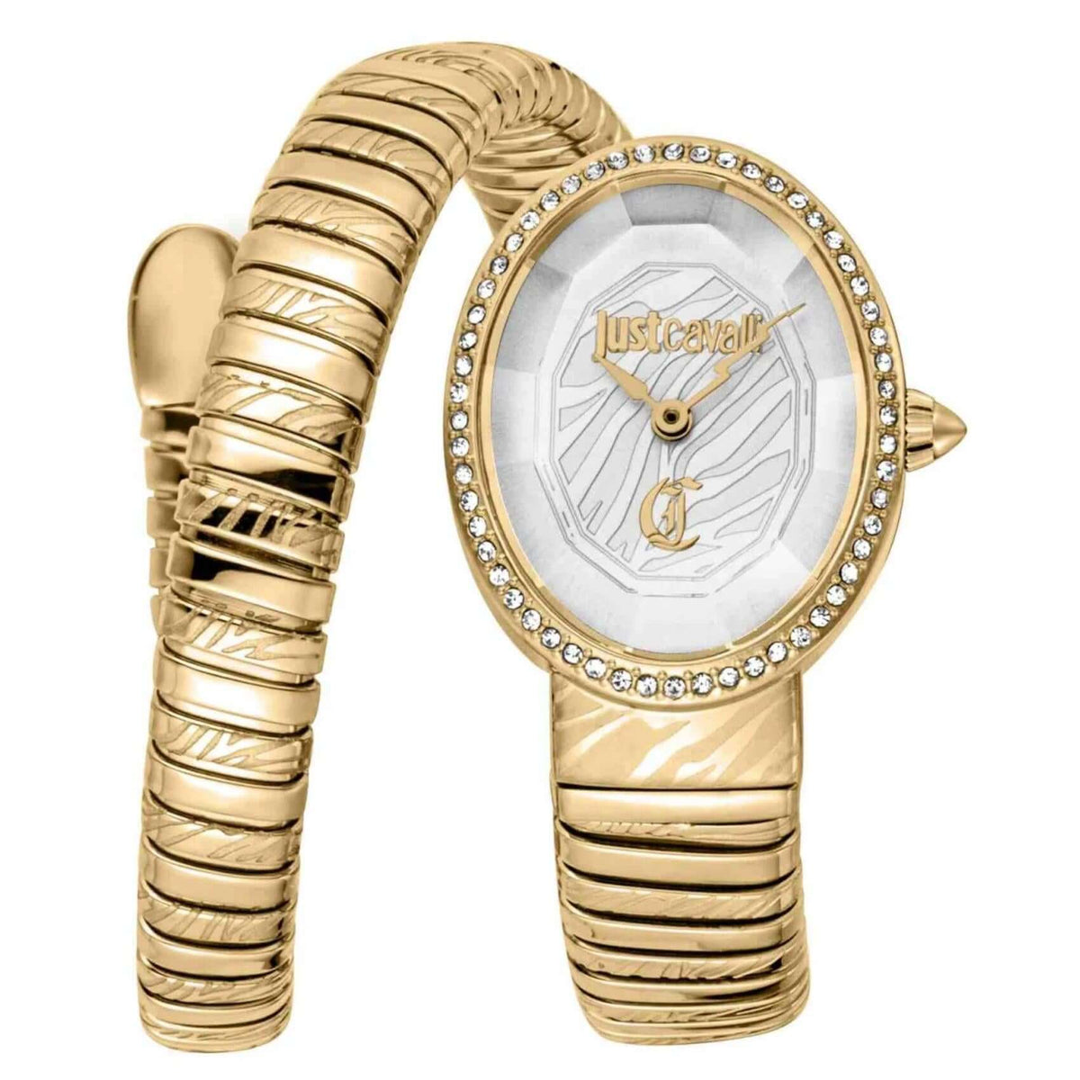 Γυναικείο ρολόι Just Cavalli Signature Snake Velina JC1L353M0025 με χρυσό μπρασελέ από ανοξείδωτο ατσάλι, ασημί οβάλ καντράν μεγέθους 22x31.5mm και χρυσή στεφάνη με λαμπερά ζιργκόν.