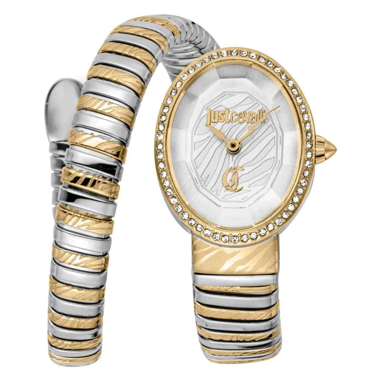 Γυναικείο ρολόι Just Cavalli Signature Snake Velina JC1L353M0055 με δίχρωμο ασημί-χρυσό μπρασελέ από ανοξείδωτο ατσάλι, ασημί οβάλ καντράν μεγέθους 22x31.5mm και χρυσή στεφάνη με λαμπερά ζιργκόν.