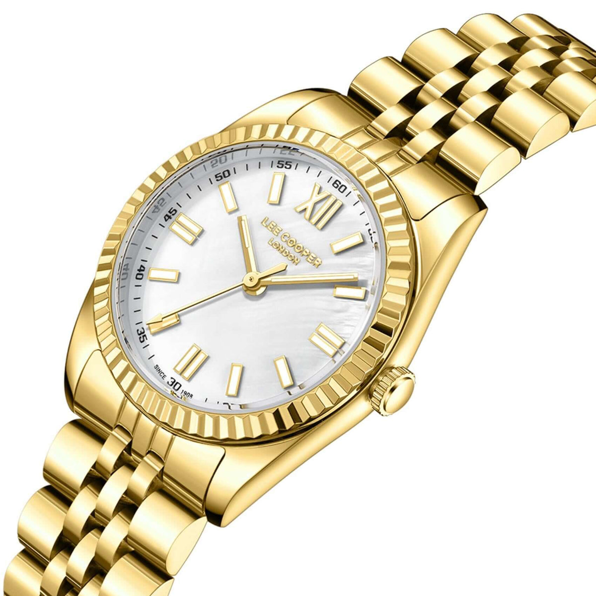 Καντράν από γυναικείο ρολόι Lee Cooper Ladies LC08303.120 σε λευκό φίλντισι με χρυσούς δείκτες και κάσα 30 mm σε στρογγυλό σχήμα.