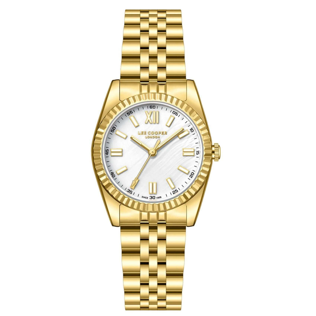 Γυναικείο ρολόι Lee Cooper Ladies LC08303.120 με χρυσό ατσάλινο μπρασελέ, λευκό φίλντισι καντράν και κάσα 30 mm σε στρογγυλό σχήμα.
