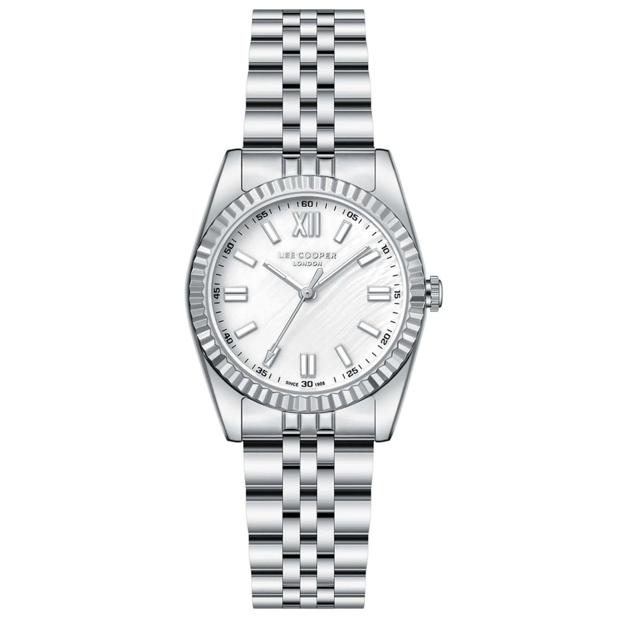 Γυναικείο ρολόι Lee Cooper Ladies LC08303.320 με ασημί ατσάλινο μπρασελέ, λευκό φίλντισι καντράν και κάσα 30 mm σε στρογγυλό σχήμα.