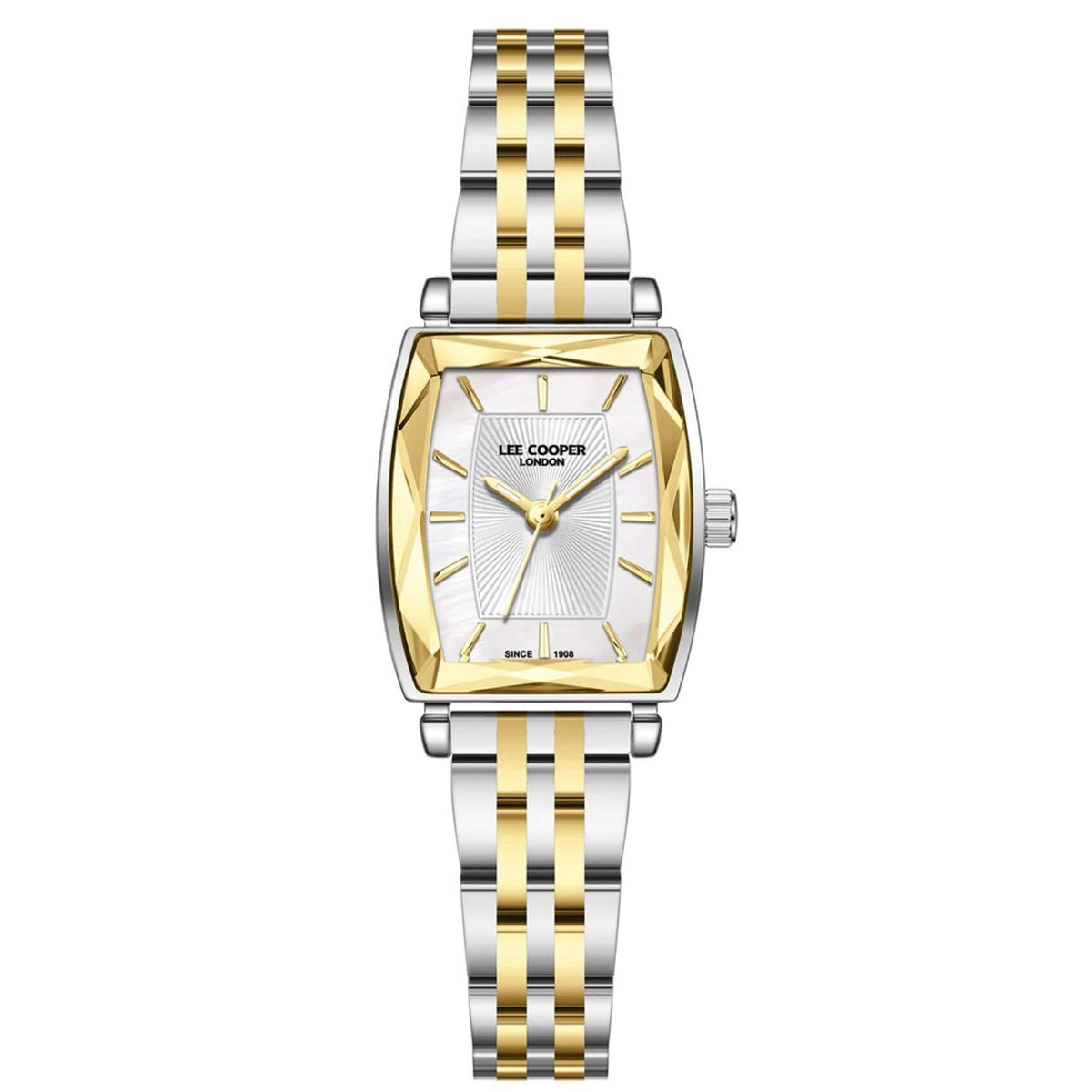 Γυναικείο ρολόι Lee Cooper Ladies LC08370.220 με δίχρωμο μπρασελέ και ασημί τετράγωνο καντράν 22.1mm με χρυσούς δείκτες.