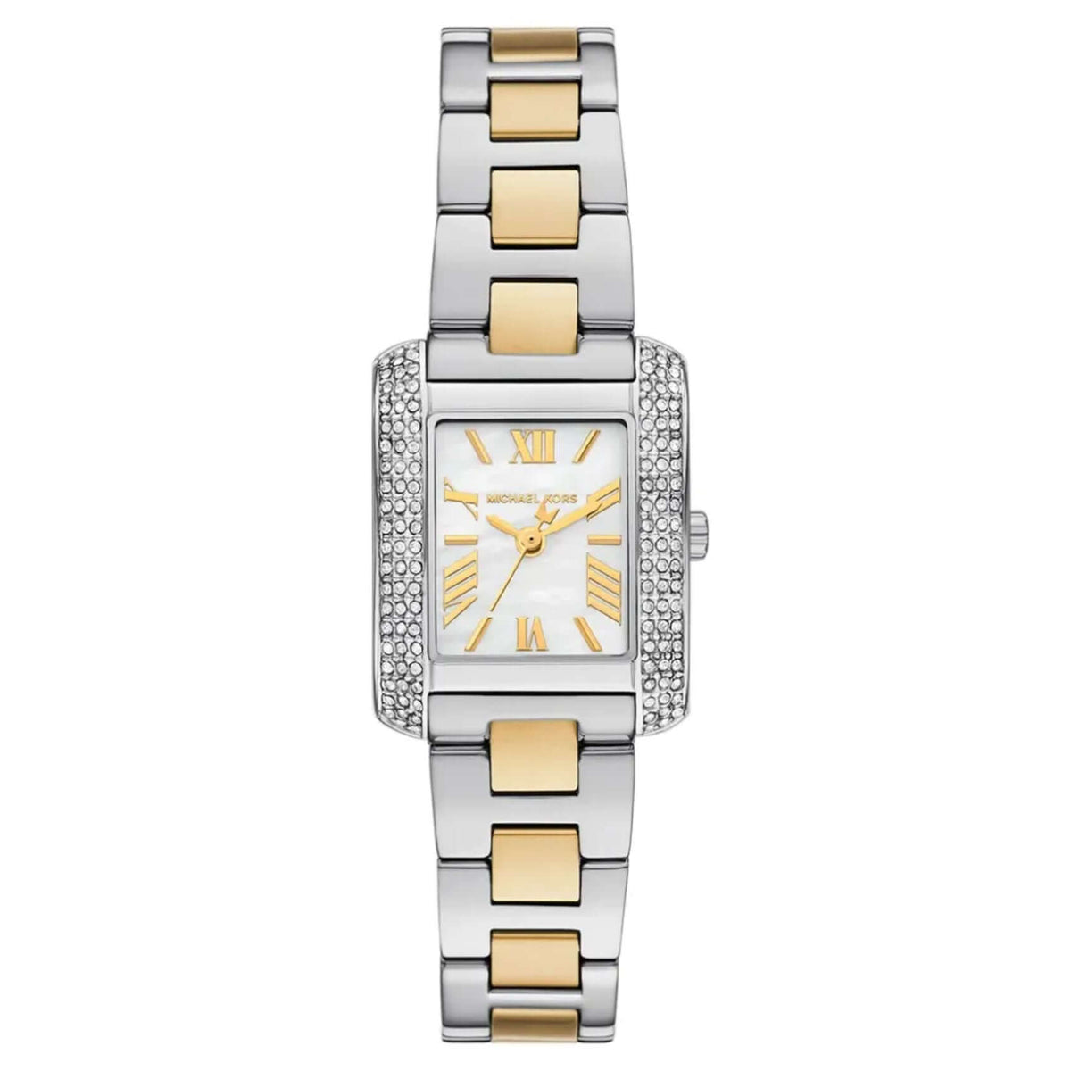 Γυναικείο ρολόι Michael Kors Emery MK4882 με δίχρωμο ατσάλινο μπρασελέ σε ασημί-χρυσό χρώμα και τετράγωνο άσπρο φίλντισι καντράν.