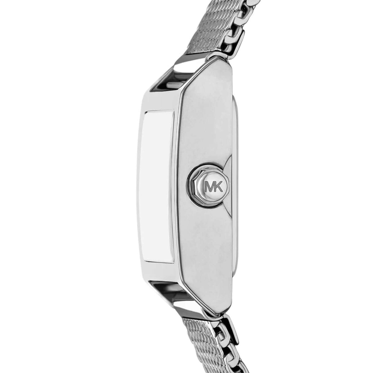Πλάγια λήψη του Michael Kors Georgie MK4961 που αναδεικνύει την τετράγωνη κάσα 19mm και το ασημί ατσάλινο μπρασελέ.