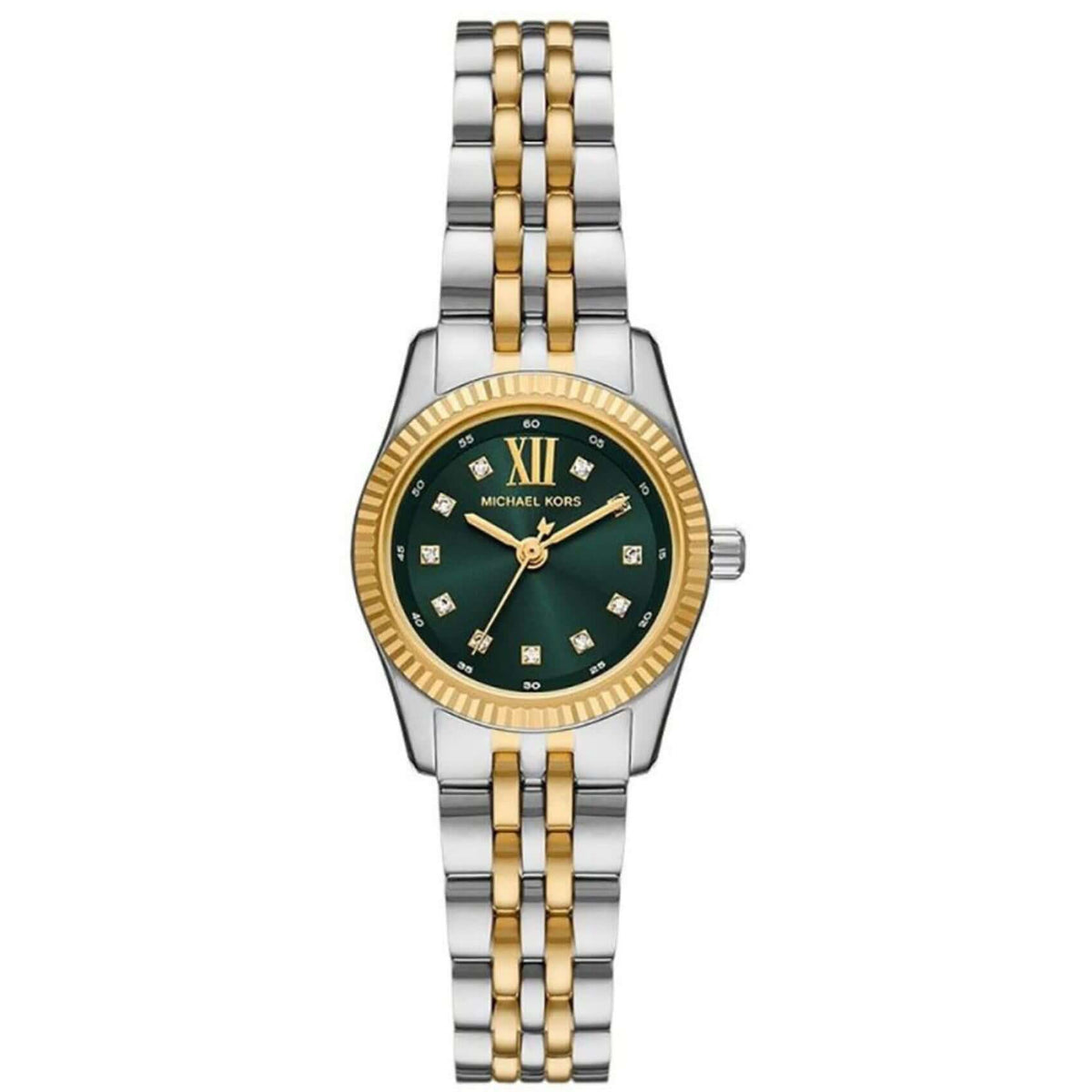 Γυναικείο ρολόι Michael Kors Lexington MK4986 με δίχρωμο ασημί-χρυσό μπρασελέ, πράσινο καντράν 26mm και διακριτικά ζιργκόν.