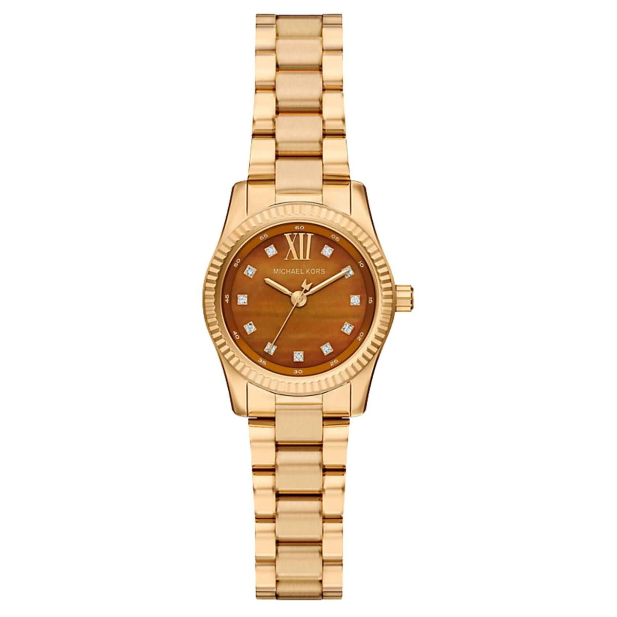 Γυναικείο ρολόι Michael Kors Petite Lexington Pavé MK7578 με χρυσό ατσάλινο μπρασελέ, καφέ καντράν 26 mm με ζιργκόν, quartz μηχανισμό και στεγανότητα 5ATM. 