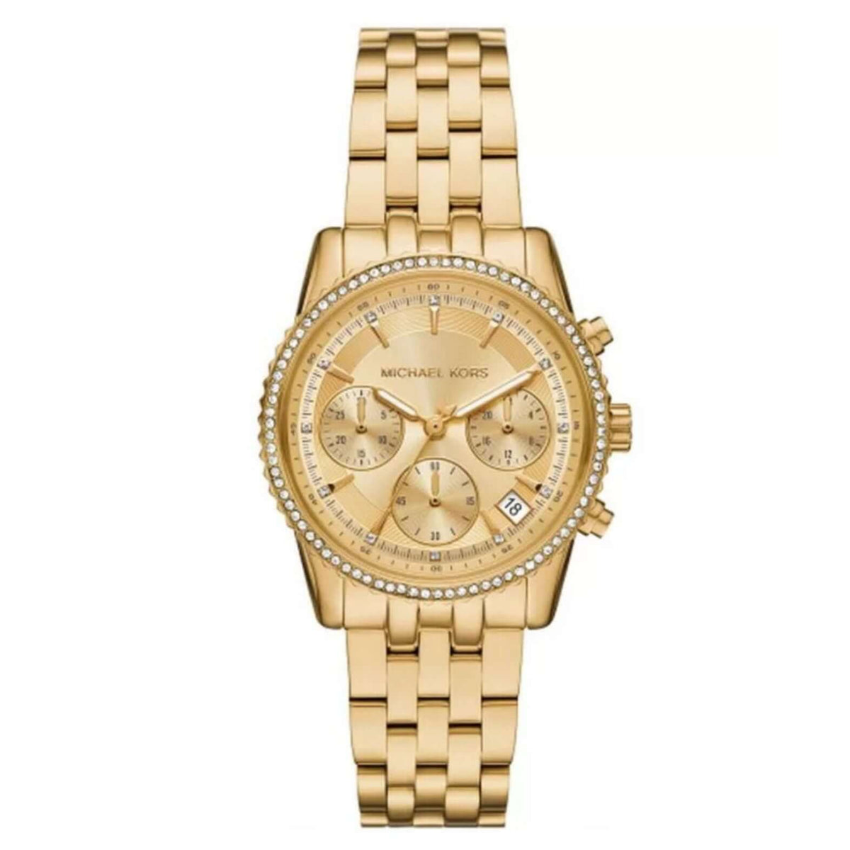 Γυναικείο ρολόι Michael Kors Ritz MK7530 χρονογράφος με χρυσό ατσάλινο μπρασελέ, χρυσό κάντραν 34mm με ζιργκόν και ημερομηνία.