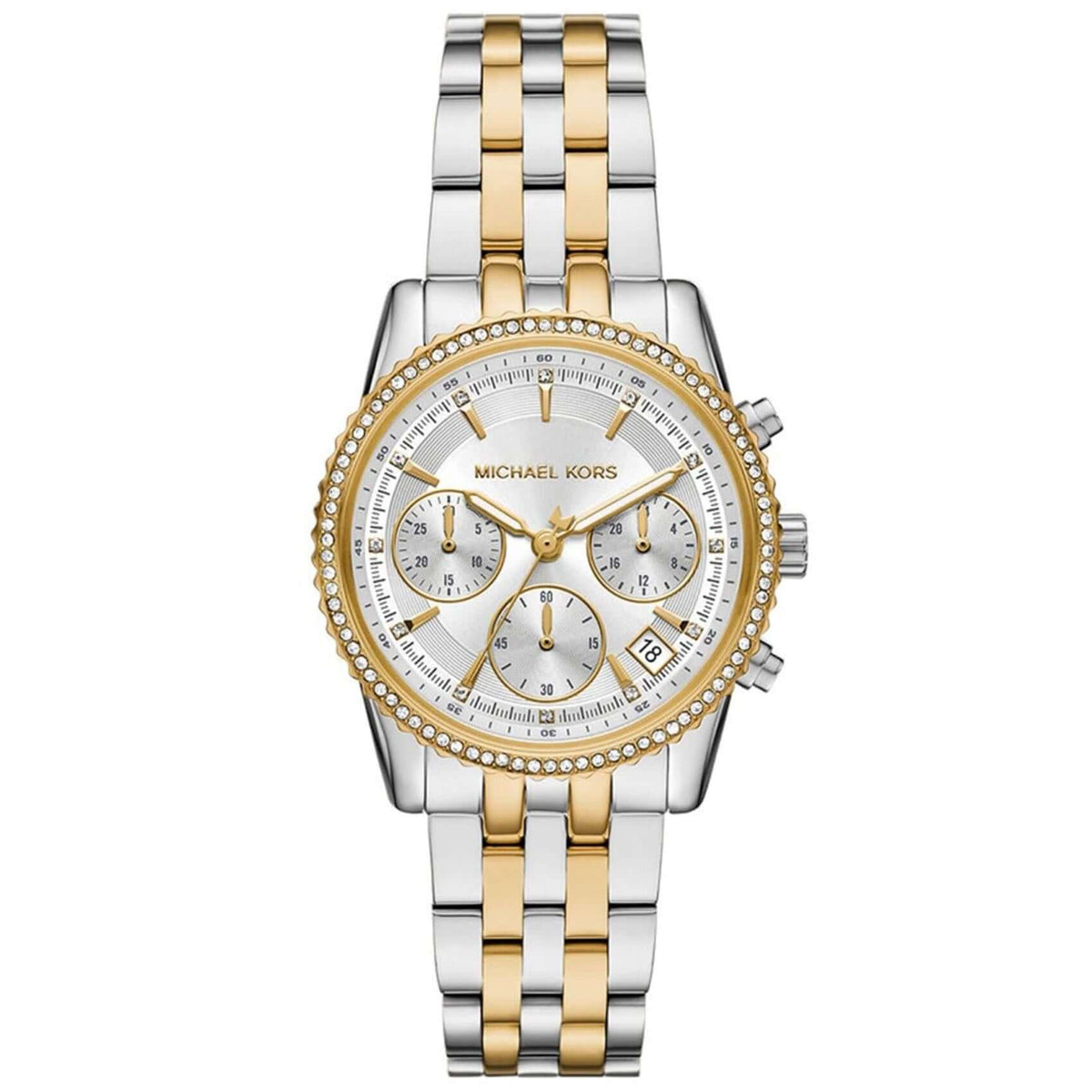 Γυναικείο ρολόι χρονογράφος Michael Kors Ritz MK7532 με δίχρωμο ατσάλινο μπρασελέ σε ασημί-χρυσό χρώμα και λευκό κάντραν 34mm με ζιργκόν.