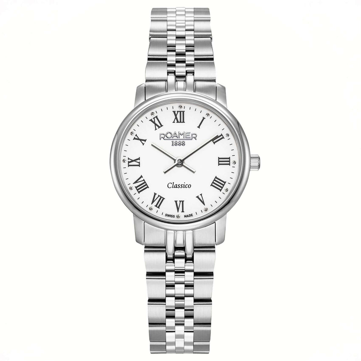 Γυναικείο ρολόι Roamer Classico Ladies 971857-41-25-50 με ασημί ατσάλινο μπρασελέ, λευκό καντράν και κάσα 30 mm.