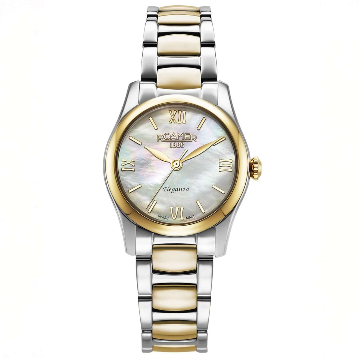 Γυναικείο ρολόι Roamer Eleganza 974847-47-20-20 με δίχρωμο ατσάλινο μπρασελέ σε ασημί-χρυσό χρώμα & καντράν 30mm με λευκό φίλντισι.