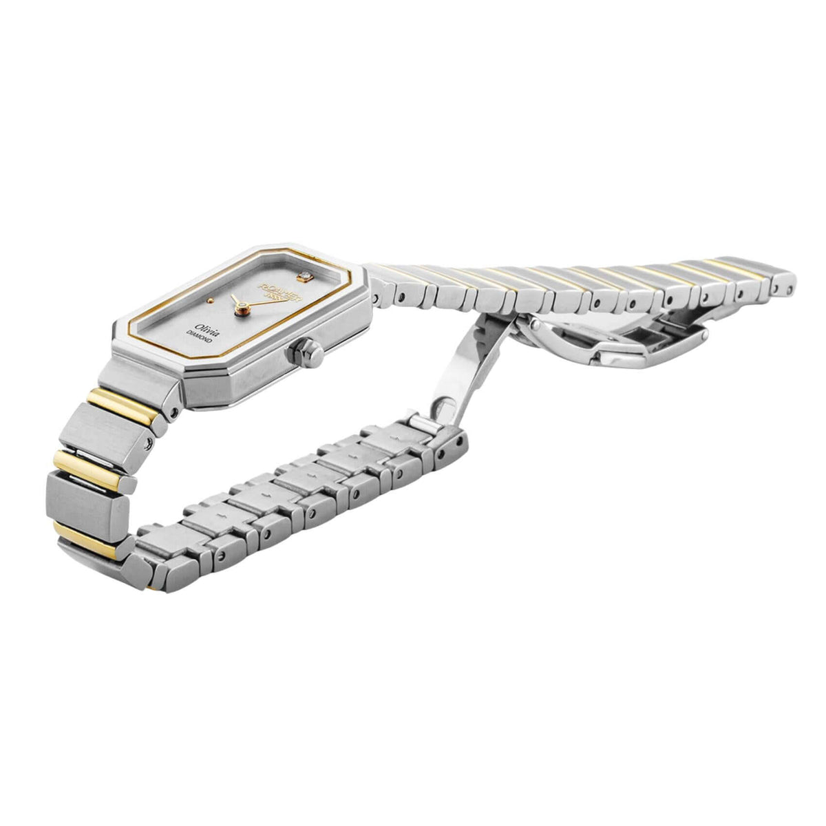 Πλάγια όψη από γυναικείο ρολόι Roamer Olivia Diamond 627845-47-19-20 με δίχρωμο μπρασελέ από ανοξείδωτο ατσάλι.