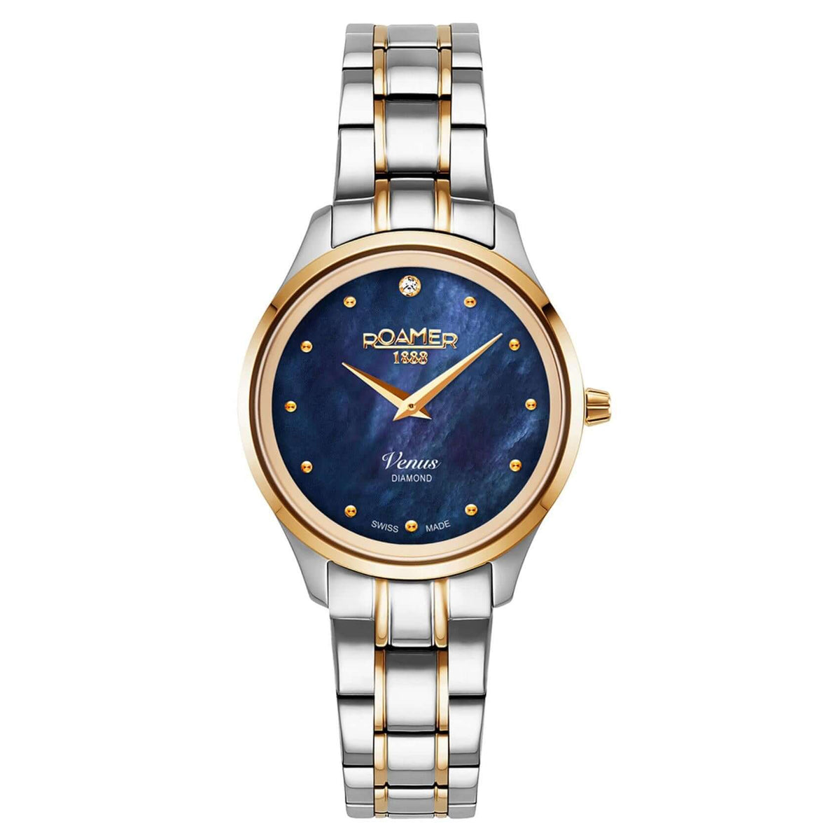 Γυναικείο ρολόι Roamer Venus Diamonds 601857-47-40-20 με δίχρωμο ατσάλινο μπρασελέ, μπλε φίλντισι καντράν και κάσα 30 mm.