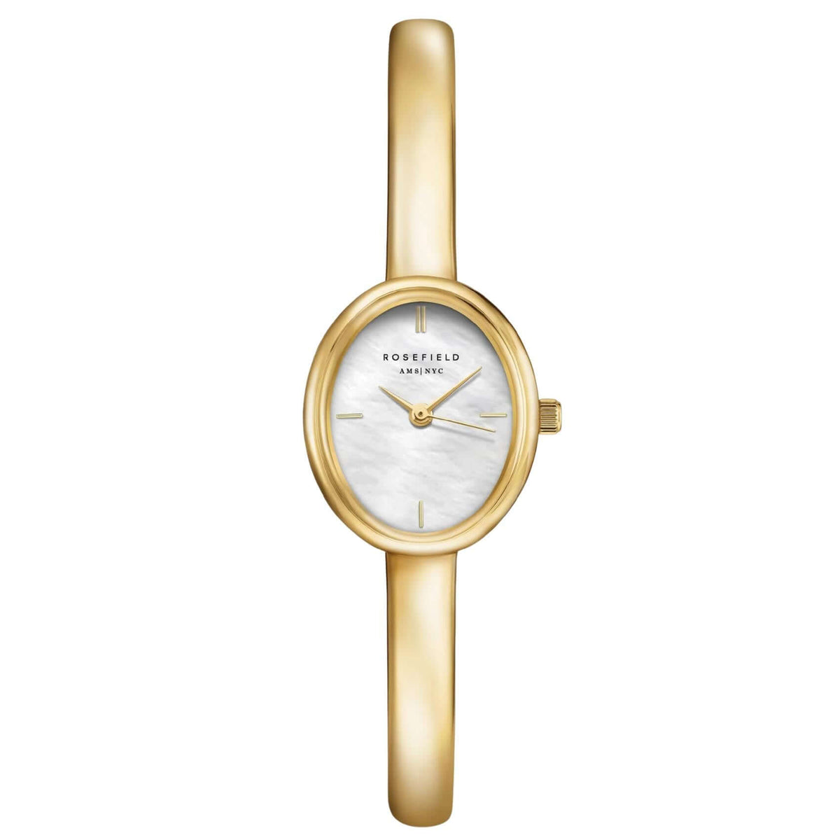 Γυναικείο ρολόι Rosefield Bangle S STWGSG-ST04 με χρυσό ατσάλινο μπρασελέ, λευκό φίλντισι καντράν 19.5 x 23.5 mm, quartz μηχανισμό και στεγανότητα 3ATM.