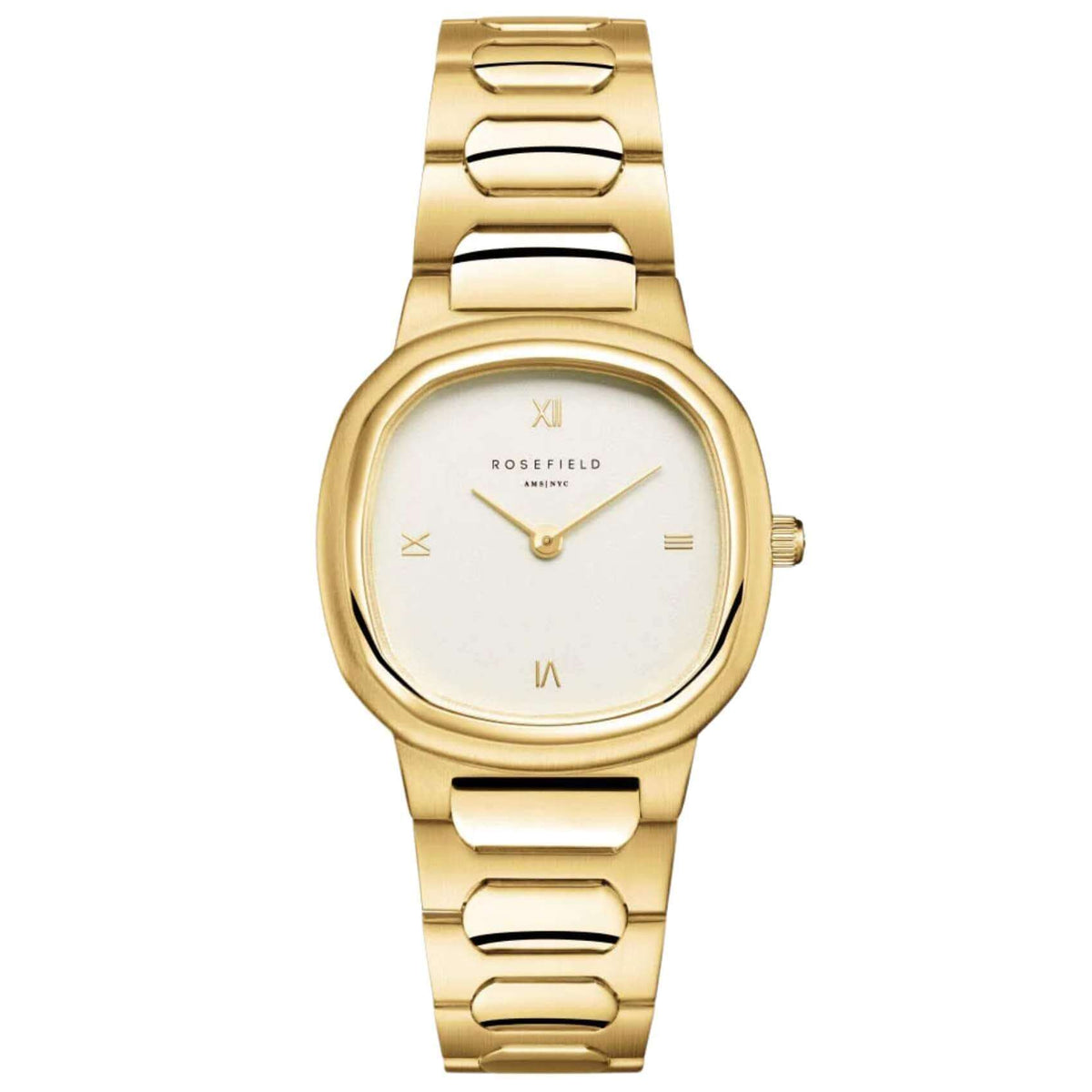 Γυναικείο ρολόι Rosefield Gaia Creme Gold ORCGSG-OR01 με χρυσό μπρασελέ και μπεζ τετράγωνο καντράν.