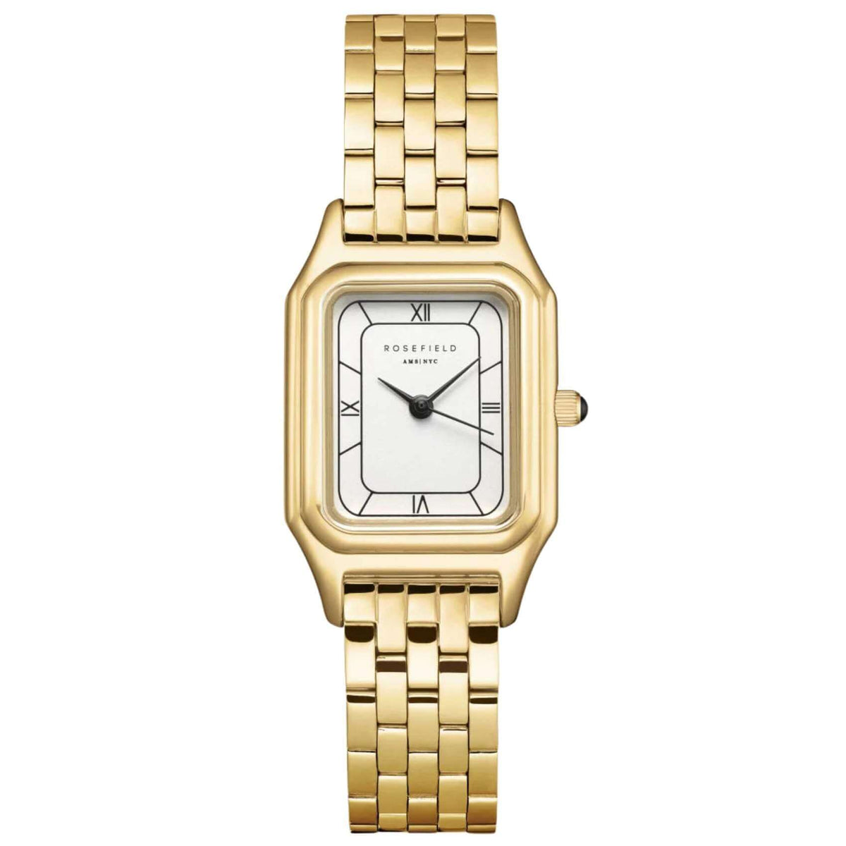 Γυναικείο ρολόι Rosefield Ivy White Gold OCWGSG-OC01 με χρυσό μπρασελέ και άσπρο οκτάγωνο καντράν.