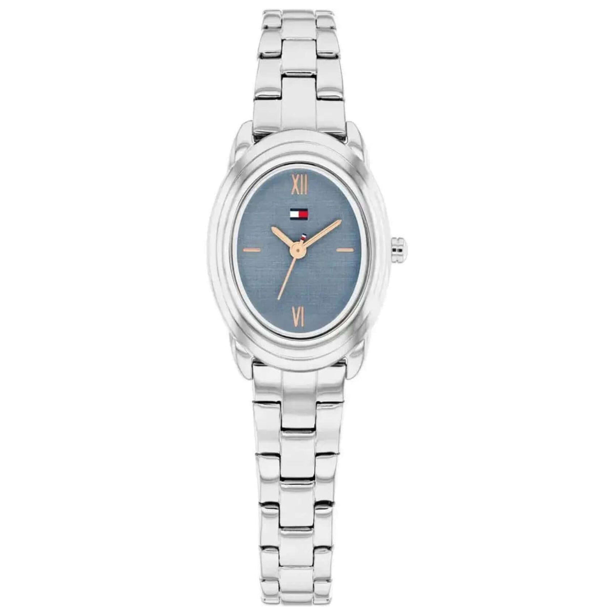 Γυναικείο ρολόι Tommy Hilfiger Demi 1782873 με ασημί μπρασελέ, μπλε οβάλ καντράν με διάσταση 19.7mm, χρυσούς δείκτες.