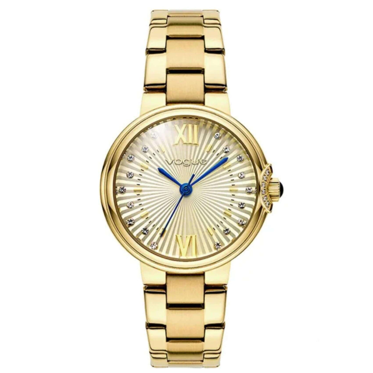 Γυναικείο ρολόι Vogue Carmen Mini 2020616042 με χρυσό μπρασελέ, σαμπανί καντράν διακοσμημένο με ζιργκόν, μπλε δείκτες και χρυσή κάσα 32mm