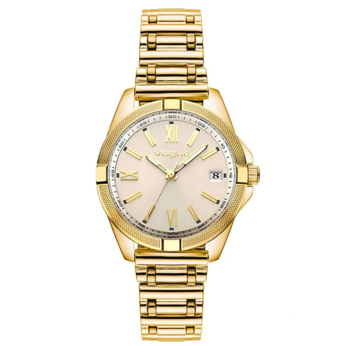 Γυναικείο ρολόι Vogue Liz Mini 2020615941 με χρυσό μπρασελέ από ανοξείδωτο ατσάλι, σαμπανί καντράν 34mm και χρυσή κάσα, με ένδειξη ημερομηνίας
