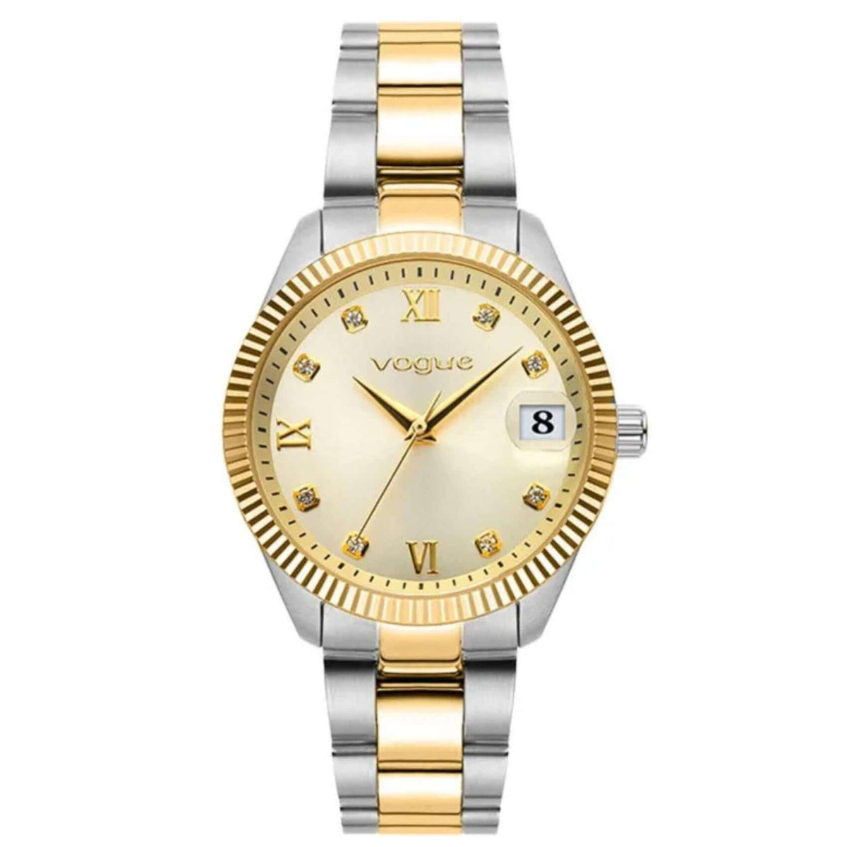 Γυναικείο ρολόι Vogue Reina Medium 2020614262 με δίχρωμο μπρασελέ σε χρυσό και ασημί, χρυσό καντράν 31mm με ένδειξη ημερομηνίας και ορυκτό κρύσταλλο ειδικής σκλήρυνσης
