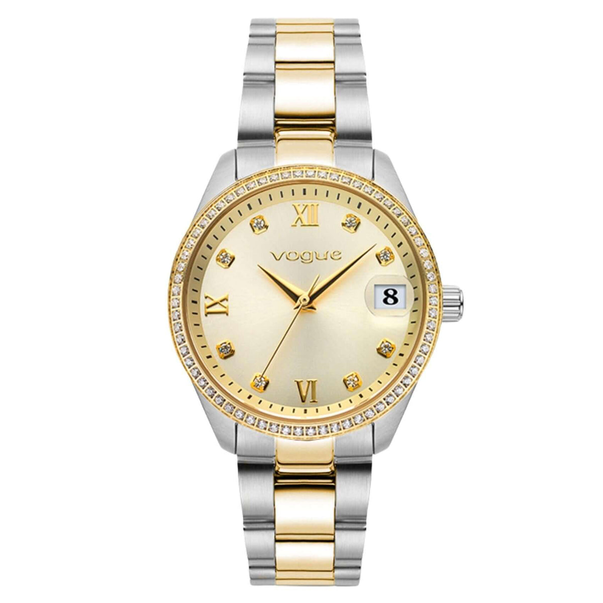 Γυναικείο ρολόι VOGUE Reina Medium 2020614264 με δίχρωμο μπρασελέ από ανοξείδωτο ατσάλι σε χρυσό και ασημί, σαμπανί καντράν 31mm, κάσα με ζιργκόν και ένδειξη ημερομηνίας.