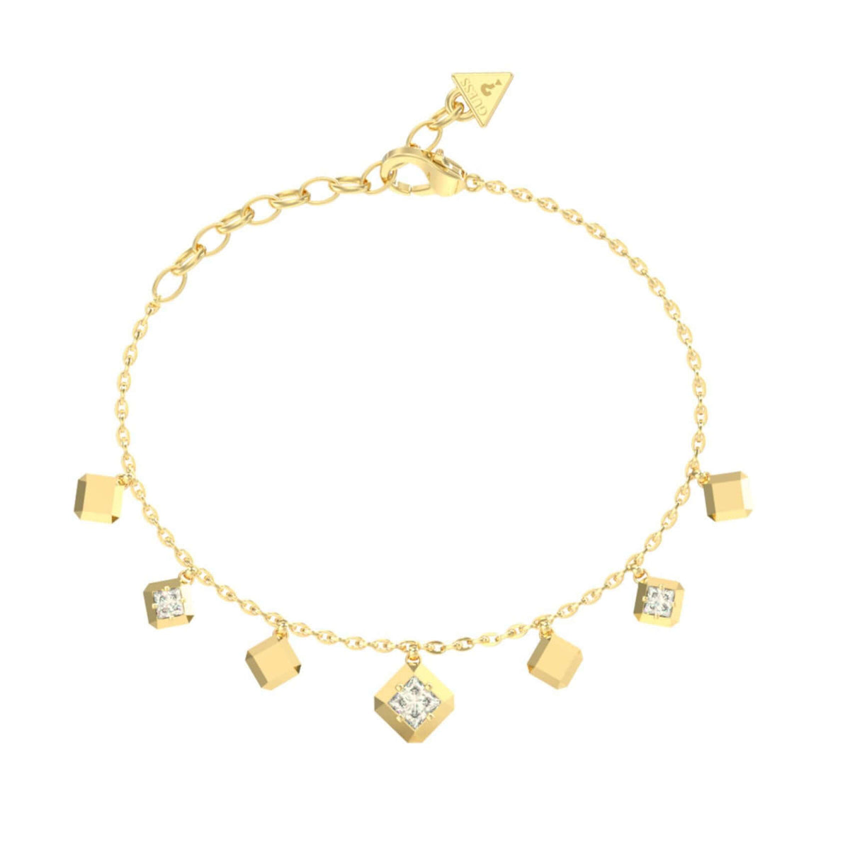 Γυναικείο βραχιόλι Guess Ace of Diamonds JUBB06179JWYGL από ανοξείδωτο ατσάλι σε χρυσό χρώμα με κρεμαστά στοιχεία με πέτρες και λογότυπο Guess.