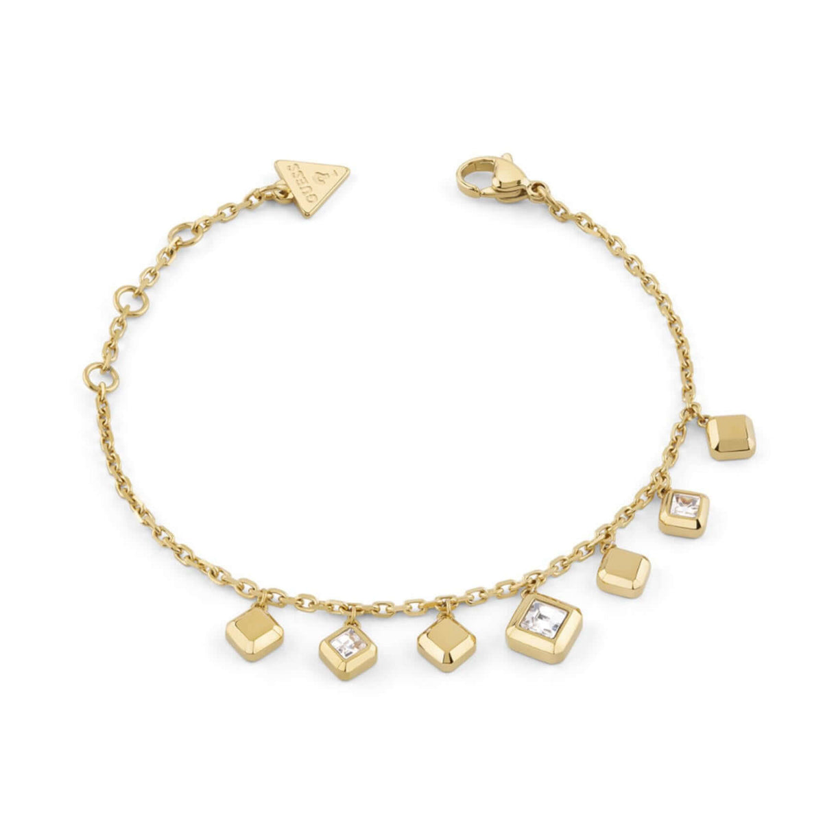 Λεπτομέρεια από το γυναικείο βραχιόλι Guess Ace of Diamonds JUBB06179JWYGL με κούμπωμα σε χρυσό χρώμα.