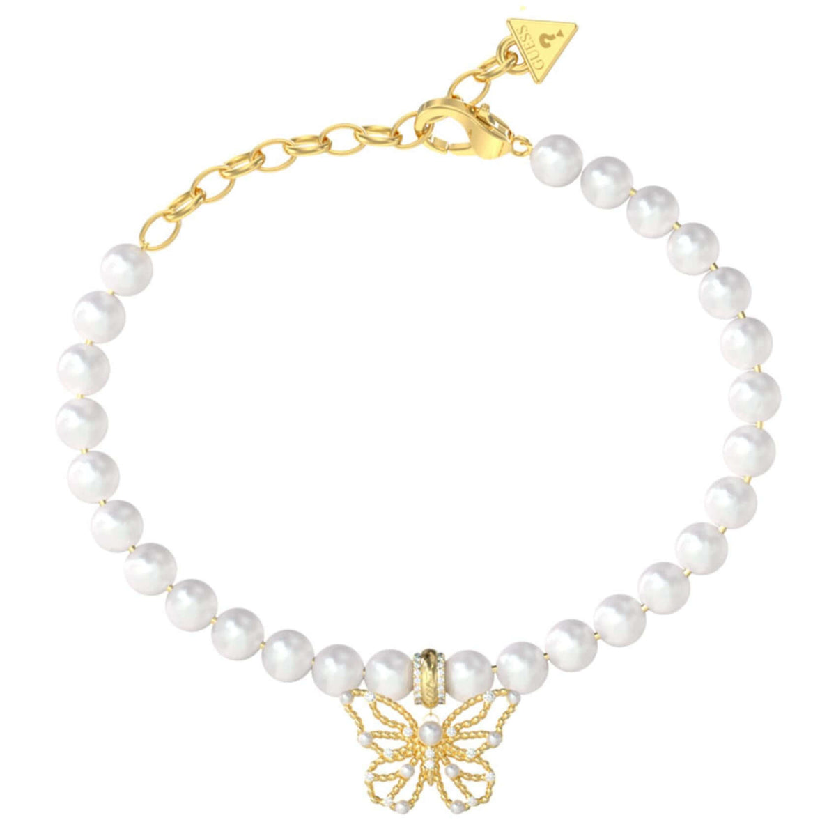Γυναικείο βραχιόλι Guess Borboleta JUBB06124JWYGL σε χρυσό χρώμα με πεταλούδα, άσπρες πέρλες, πέτρες και λογότυπο Guess.