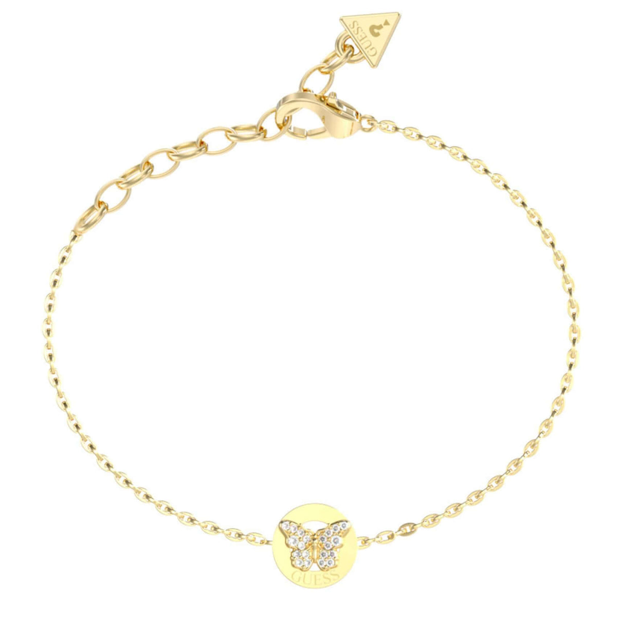 Γυναικείο βραχιόλι Guess Borboleta JUBB06135JWYGL από ανοξείδωτο ατσάλι σε χρυσό χρώμα με πεταλούδα και ζιργκόν.
