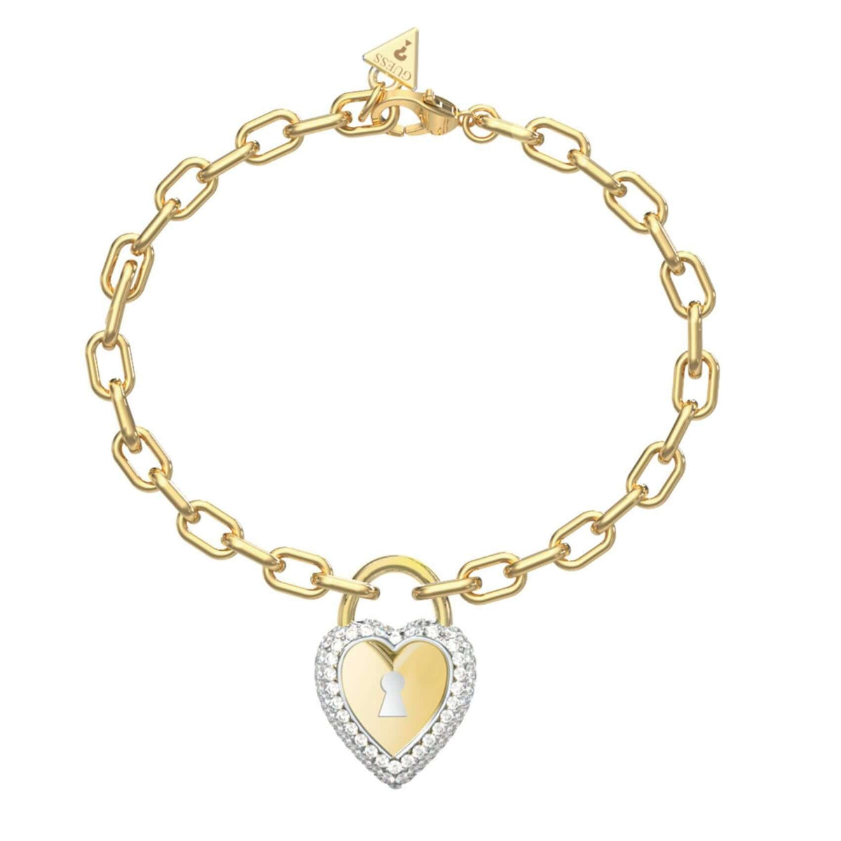 Γυναικείο βραχιόλι GUESS Love Bites JUBB06061JWYGRHL σε χρυσό χρώμα με δίχρωμη καρδιά λουκετάκι και λογότυπο Guess.