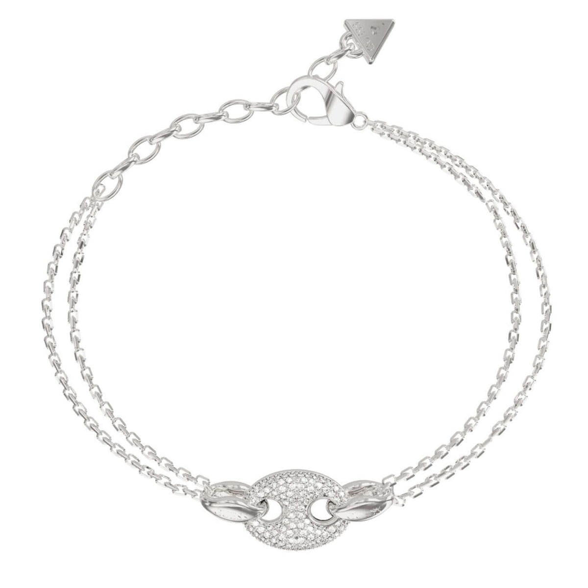 Γυναικείο βραχιόλι Guess Marina JUBB06222JWRHL από ανοξείδωτο ατσάλι σε ασημί χρώμα με διπλή αλυσίδα και ζιργκόν.