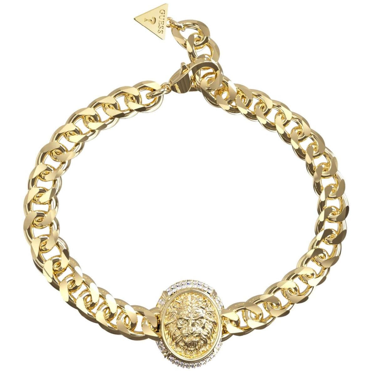 Γυναικείο βραχιόλι Guess Queen JUBB06190JWYGL από ανοξείδωτο ατσάλι σε χρυσό χρώμα με σχέδιο λιοντάρι και zircon.
