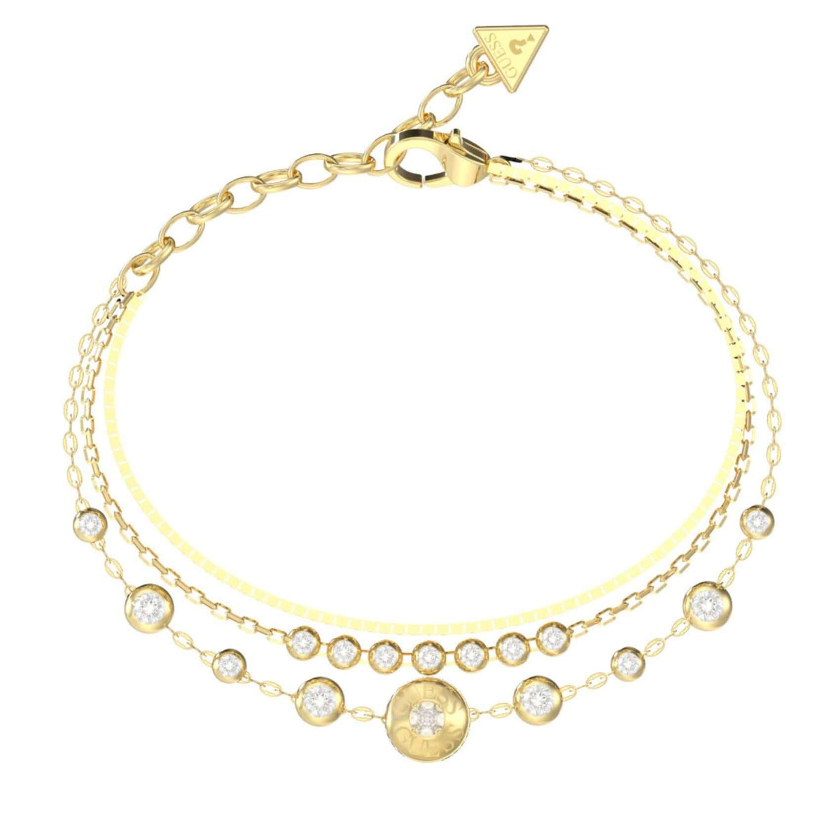 Γυναικείο βραχιόλι Guess Sparks JUBB06279JWYGL από ανοξείδωτο ατσάλι σε χρυσό χρώμα με τριπλή αλυσίδα και ζιργκόν.