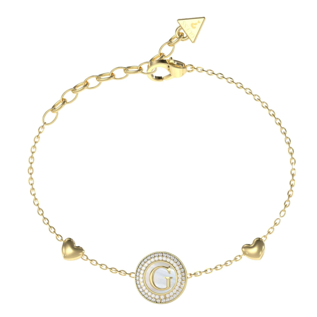 Γυναικείο βραχιόλι Guess Talisman JUBB06202JWYGL από ανοξείδωτο ατσάλι σε χρυσό χρώμα με καρδιές και zircon.