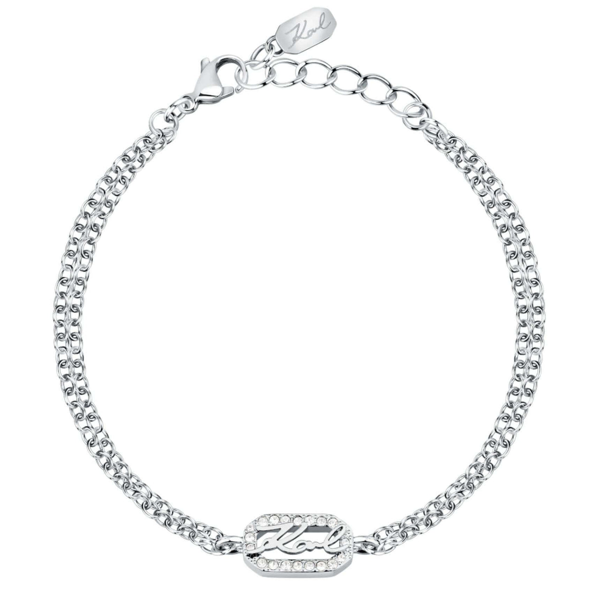 Γυναικείο βραχιόλι Karl Lagerfeld Crystals KLAYC33 από ανοξείδωτο ατσάλι σε ασημί χρώμα με λευκές πέτρες και λογότυπο.
