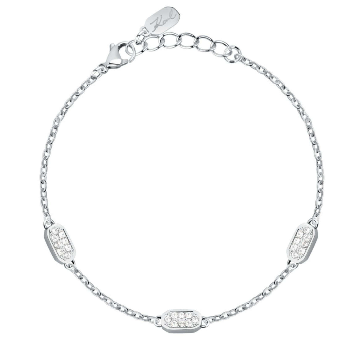 Γυναικείο βραχιόλι Karl Lagerfeld Crystals KLAYC65 από ανοξείδωτο ατσάλι σε ασημί χρώμα με λευκές πέτρες.