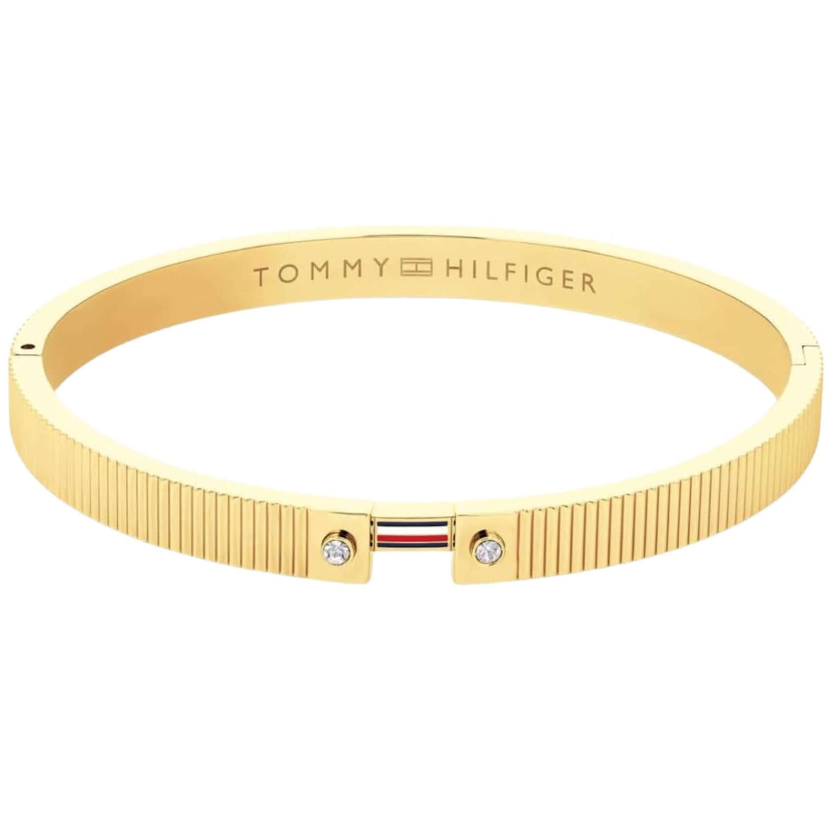 Γυναικείο βραχιόλι Tommy Hilfiger Stripes 2781048 από ανοξείδωτο ατσάλι σε χρυσό χρώμα με πέτρες και τρίχρωμο στοιχείο.