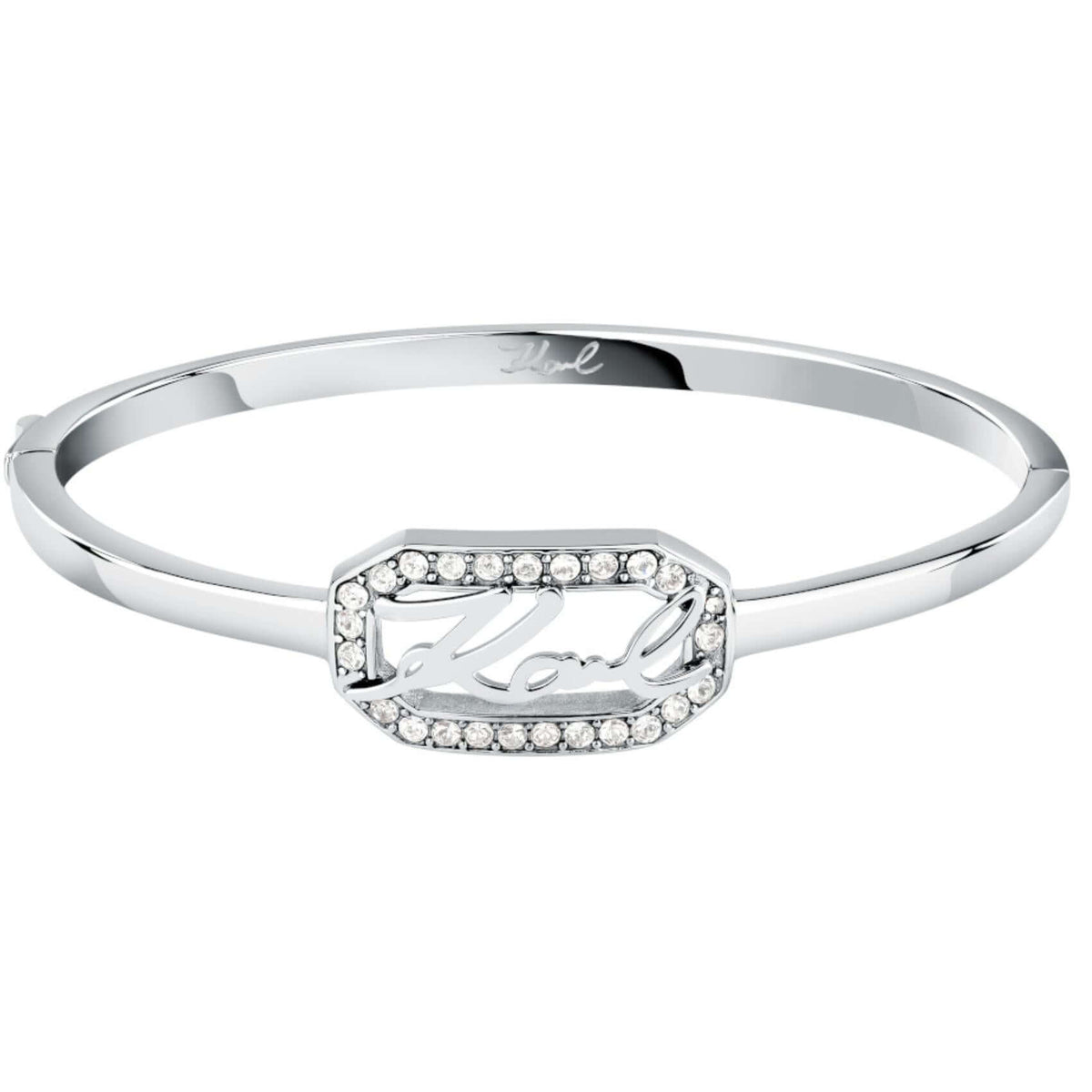 Γυναικείο βραχιόλι χειροπέδα Karl Lagerfeld Crystals KLAYC29 από ανοξείδωτο ατσάλι σε ασημί χρώμα με λευκές πέτρες και λογότυπο.