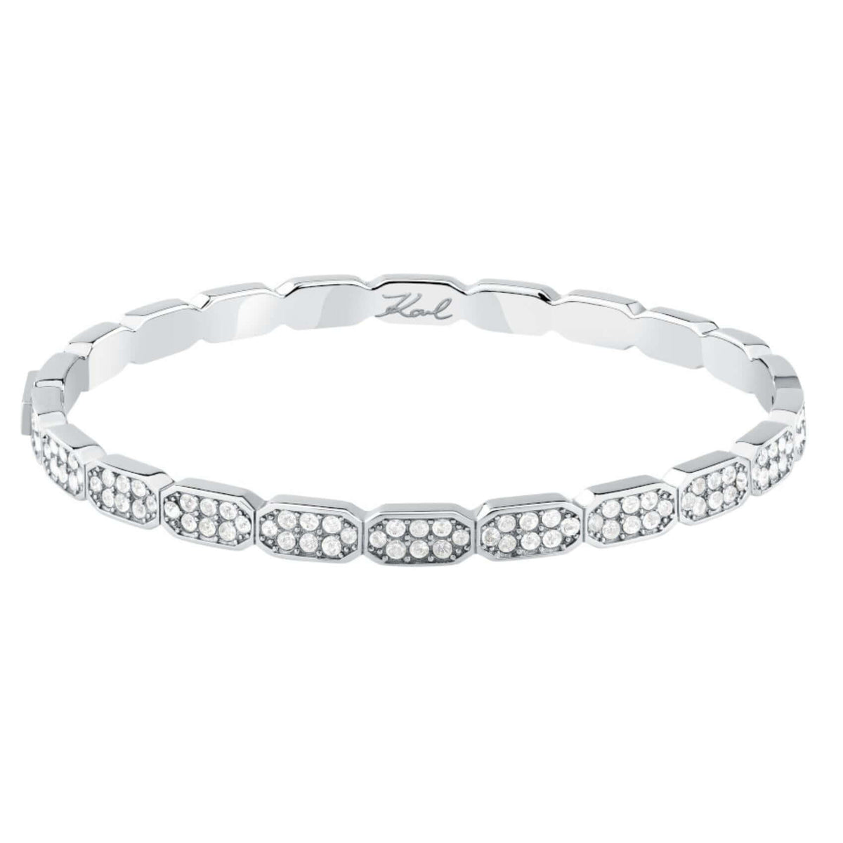 Γυναικείο βραχιόλι χειροπέδα Karl Lagerfeld Crystals KLAYC64 από ανοξείδωτο ατσάλι σε ασημί χρώμα με λευκές πέτρες.