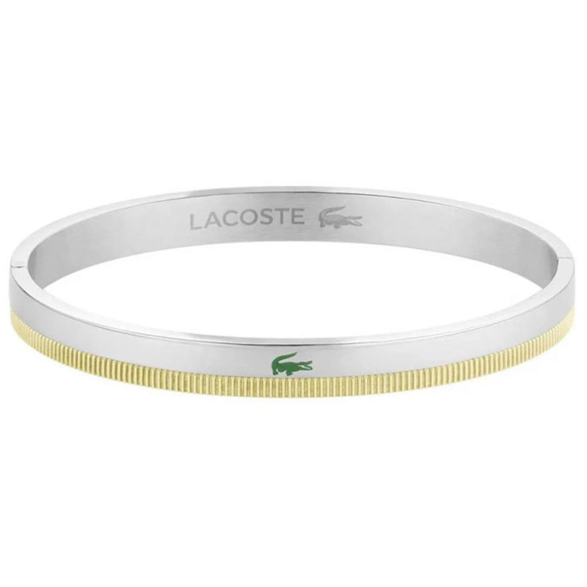 Γυναικείο βραχιόλι χειροπέδα Lacoste Crocodile 2040618 σε δίχρωμο ασημί-χρυσό από ανοξείδωτο ατσάλι με λογότυπο κροκόδειλο, μήκος 19cm