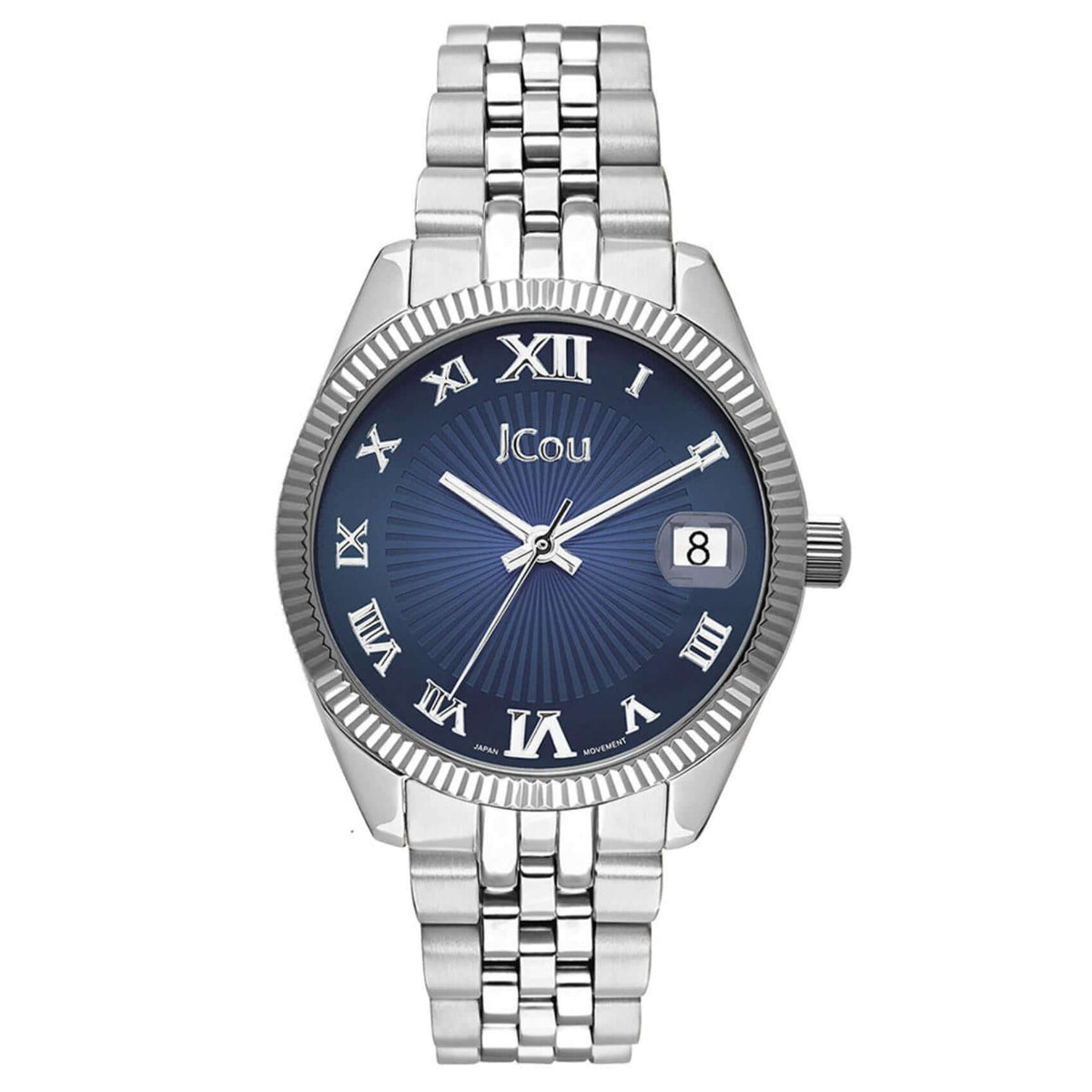 Ρολόι JCOU Queen's Mini JU17031-21 με ασημί ατσάλινο μπρασελέ και μπλε καντράν διαμέτρου 32mm με ημερομηνία.