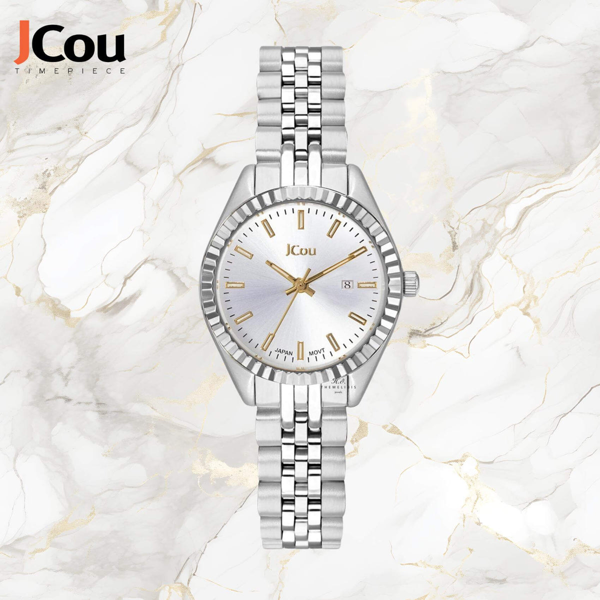 Γυναικείο ρολόι Queen's Petit II JU19066-1 με ασημί ατσάλινο μπρασελέ ασημί καντράν, τζαμάκι από ορυκτο κρύσταλλο, μηχανισμό μπαταρίας quartz με ημερομηνίας και στρογγυλό στεφάνι διαμέτρου 26mm αδιάβροχο στις 10ΑΤΜ-100Μ.