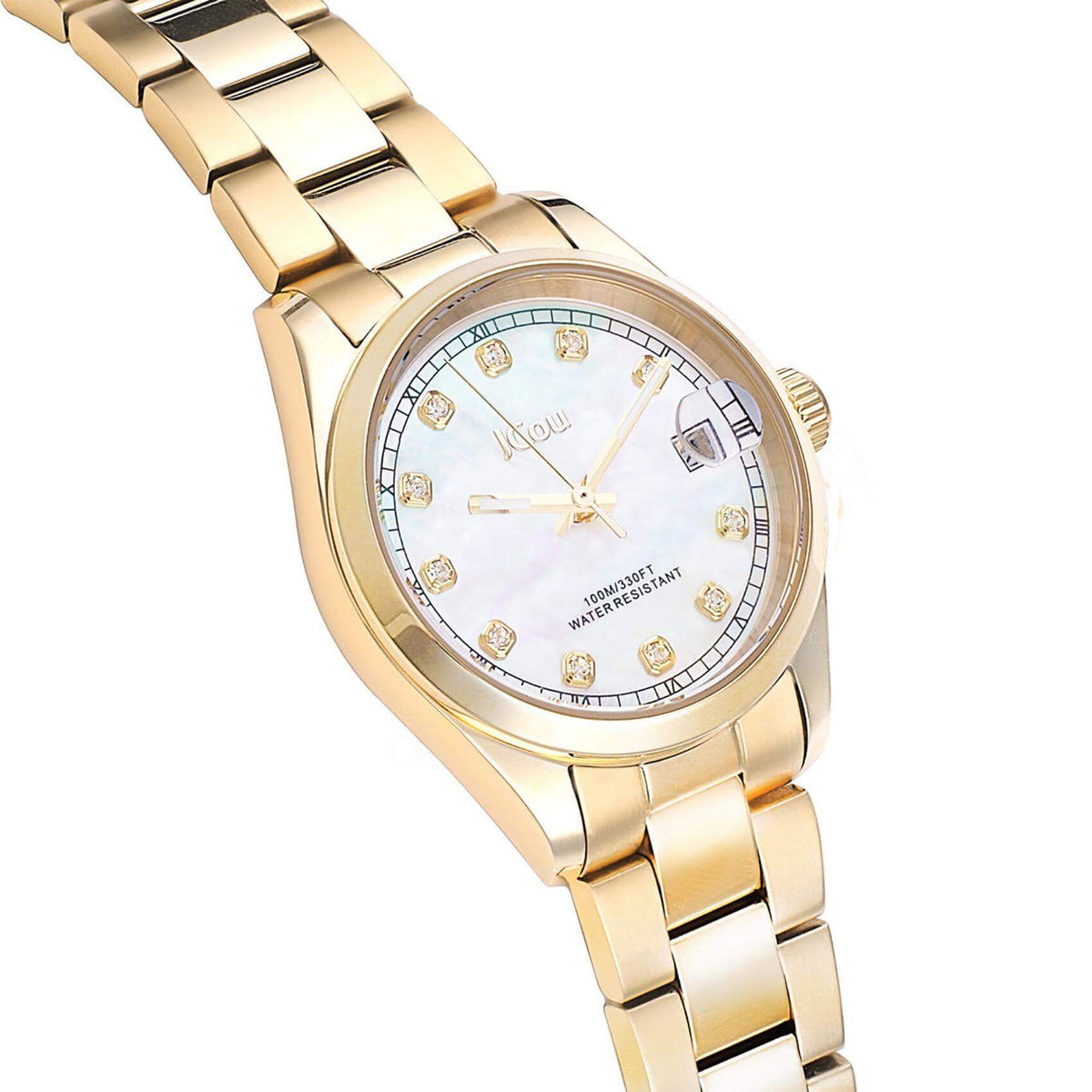 Γυναικείο ρολόι JCOU Serenity JU19068-3 με χρυσό ατσάλινο μπρασελέ και άσπρο καντράν, μηχανισμό μπαταρίας quartz με ημερομηνία και στρογγυλό στεφάνι διαμέτρου 32mm με ζιργκόν αδιάβροχο στις 10ΑΤΜ-100Μ.