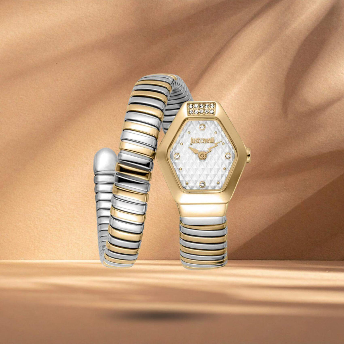 Just Cavalli JC1L394M0055 γυναικείο ρολόι με δίχρωμο ατσάλινο μπρασελέ σε ασημί-χρυσό χρώμα, ασημί εξάγωνο καντράν μεγέθους 22.5x28.5mm και λαμπερά ζιργκόν.
