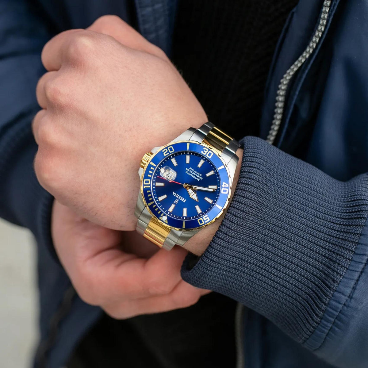 Καταδυτικό Ρολόι Festina Automatic F20532/1 Με Ασημί-Χρυσό Μπρασελέ & Μπλε Καντράν