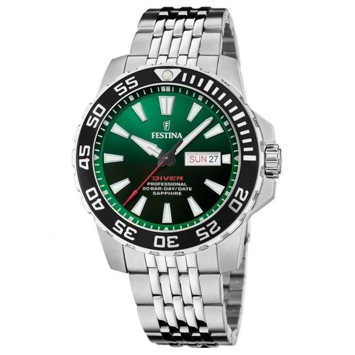 Καταδυτικό ανδρικό ρολόι Festina F20661/2 με ασημί μπρασελέ και πράσινο καντράν