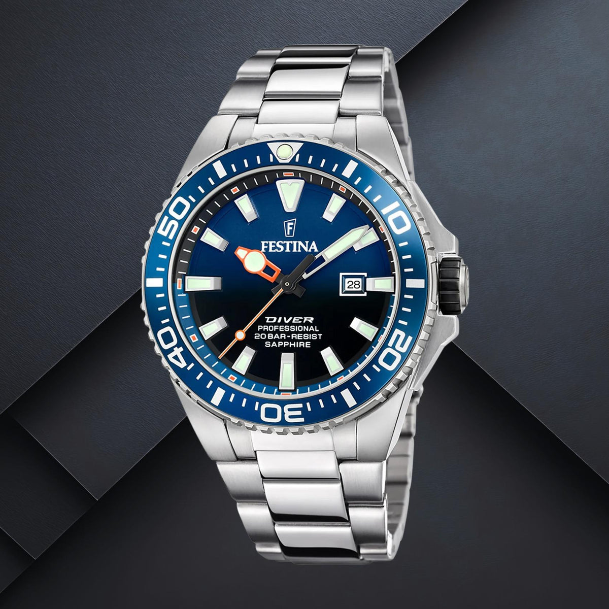 Καταδυτικό ανδρικό ρολόι Festina F20663/1 με ασημί μπρασελέ, μπλε καντράν 46mm, ένδειξη ημερομηνίας