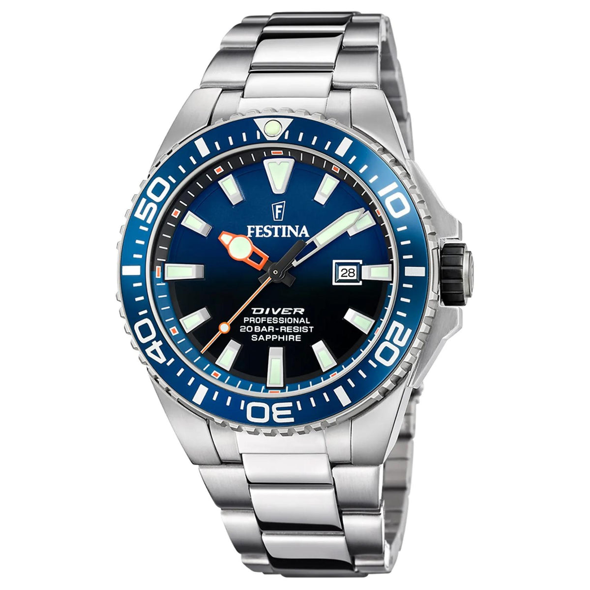 Καταδυτικό ανδρικό ρολόι Festina F20663/1 με ασημί μπρασελέ και μπλε καντράν