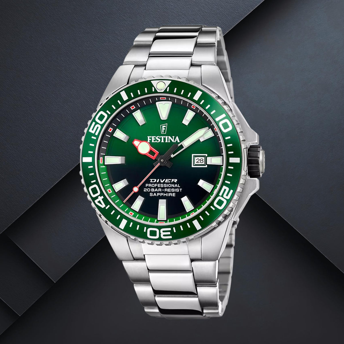 Καταδυτικό Ρολόι Festina F20663/2 Με Ασημί Μπρασελέ & Πράσινο Καντράν
