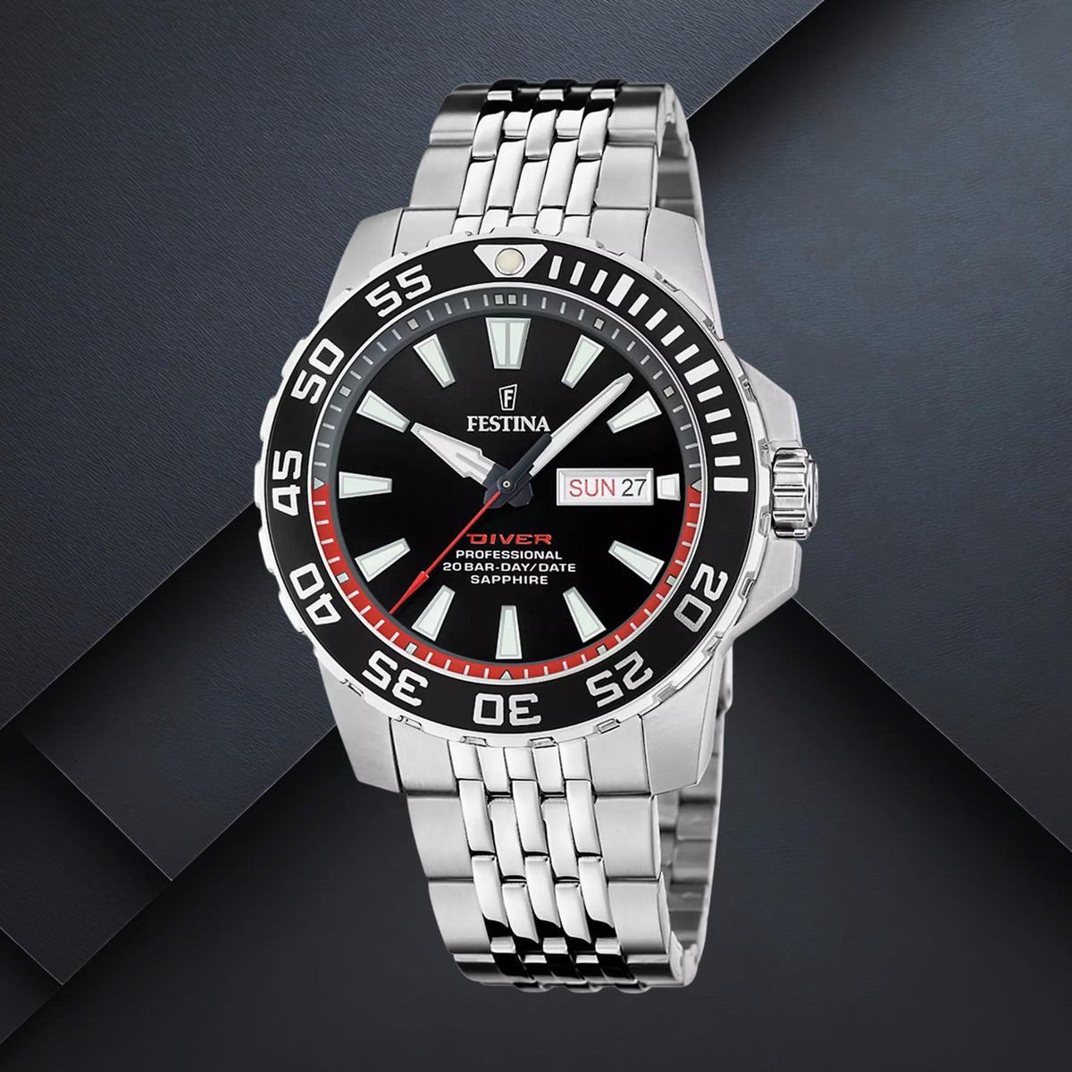 Καταδυτικό ανδρικό ρολόι Festina The Originals F20661/3 με ασημί μπρασελέ, μαύρο καντράν 45mm, ημέρα και ημερομηνία