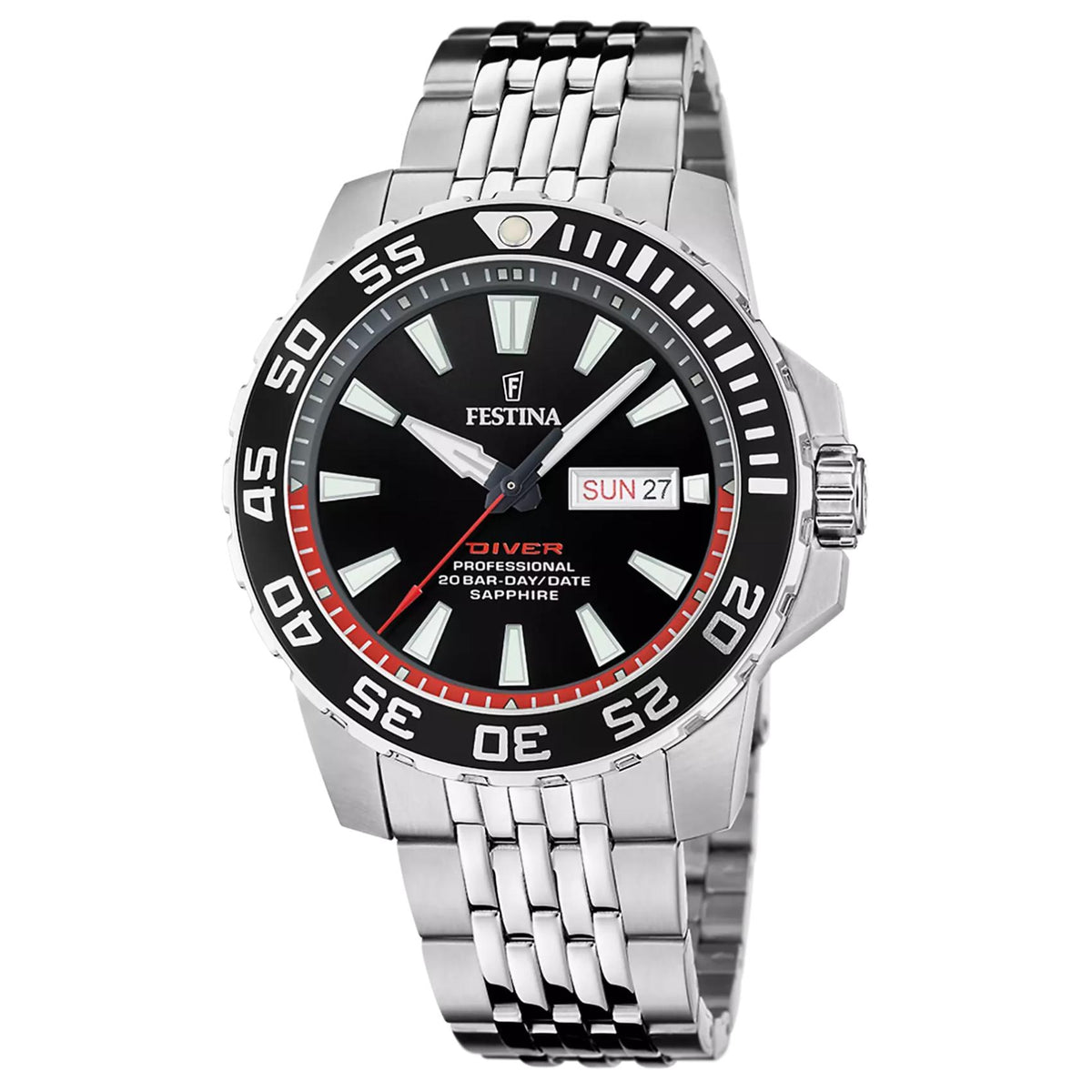 Καταδυτικό ανδρικό ρολόι Festina The Originals F20661/3 με ασημί μπρασελέ και μαύρο καντράν